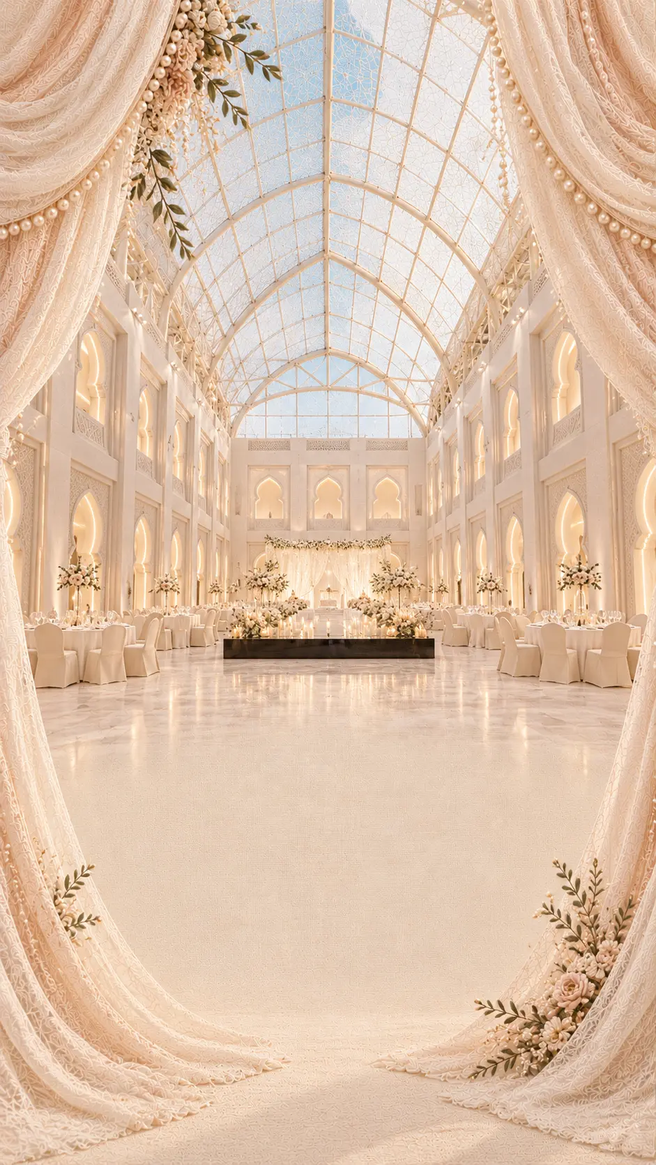 Embroidered tapestry of the Skylight hall: a glass ceiling over symmetrical illuminated arches, wedding stage at the far end