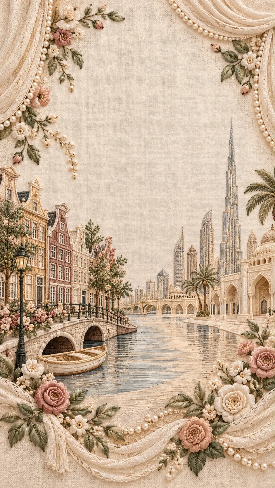 Embroidered tapestry of Amsterdam's canal houses flowing into the Dubai skyline
